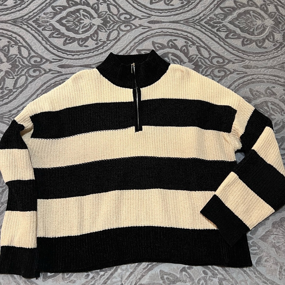 Chunky Knit Black and Cream Striped Sweater